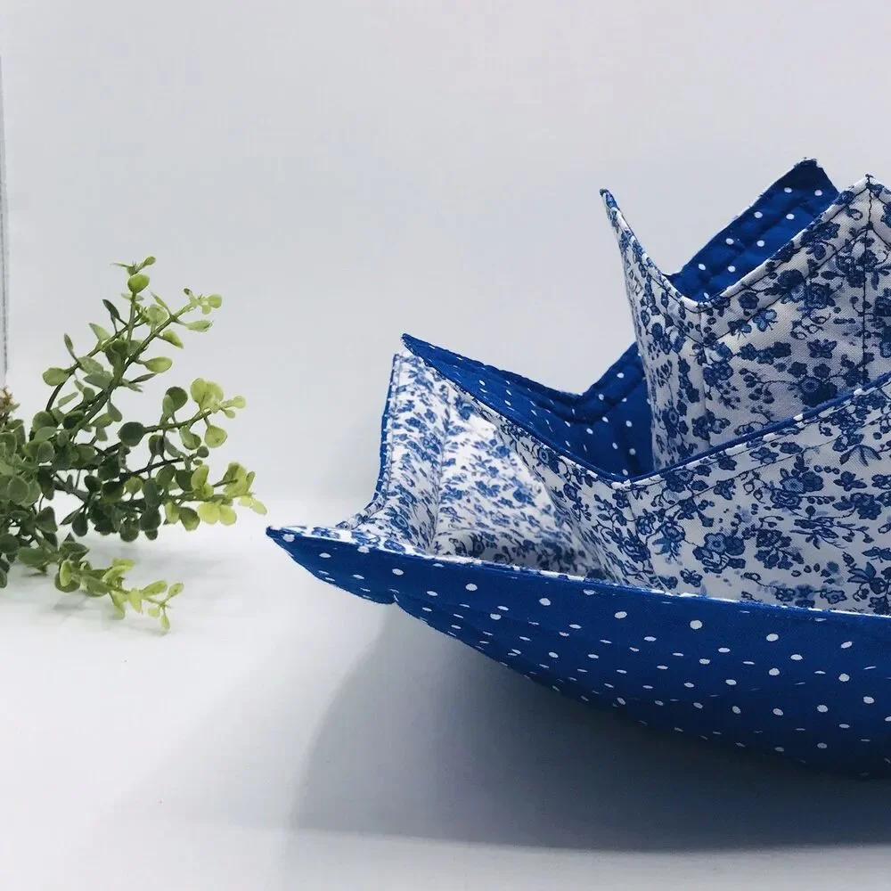 3 Piece Set Microwave Cozies, Reversible Colonial Blue Floral, Plate, Bowl, Pint